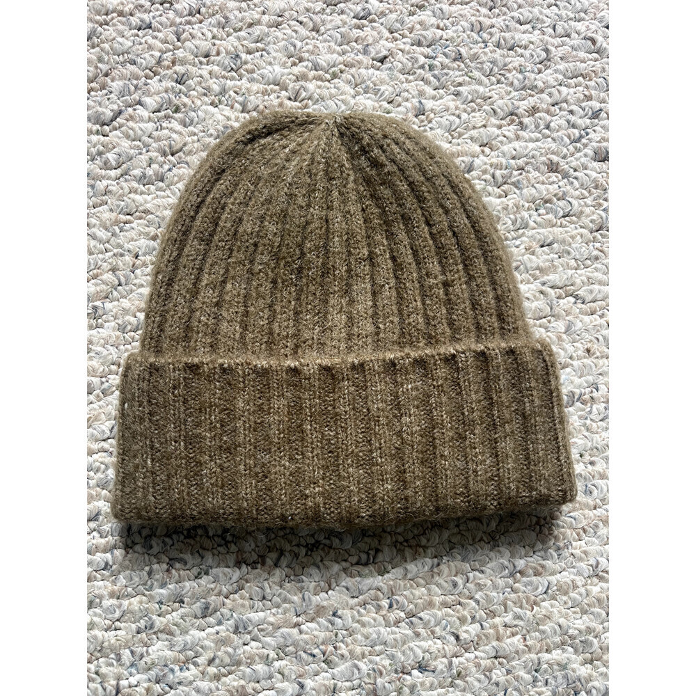 PIECES UK Rib-Knit Fold-Up Wool Blend Toque Knitted Hat Olive Brown One Size